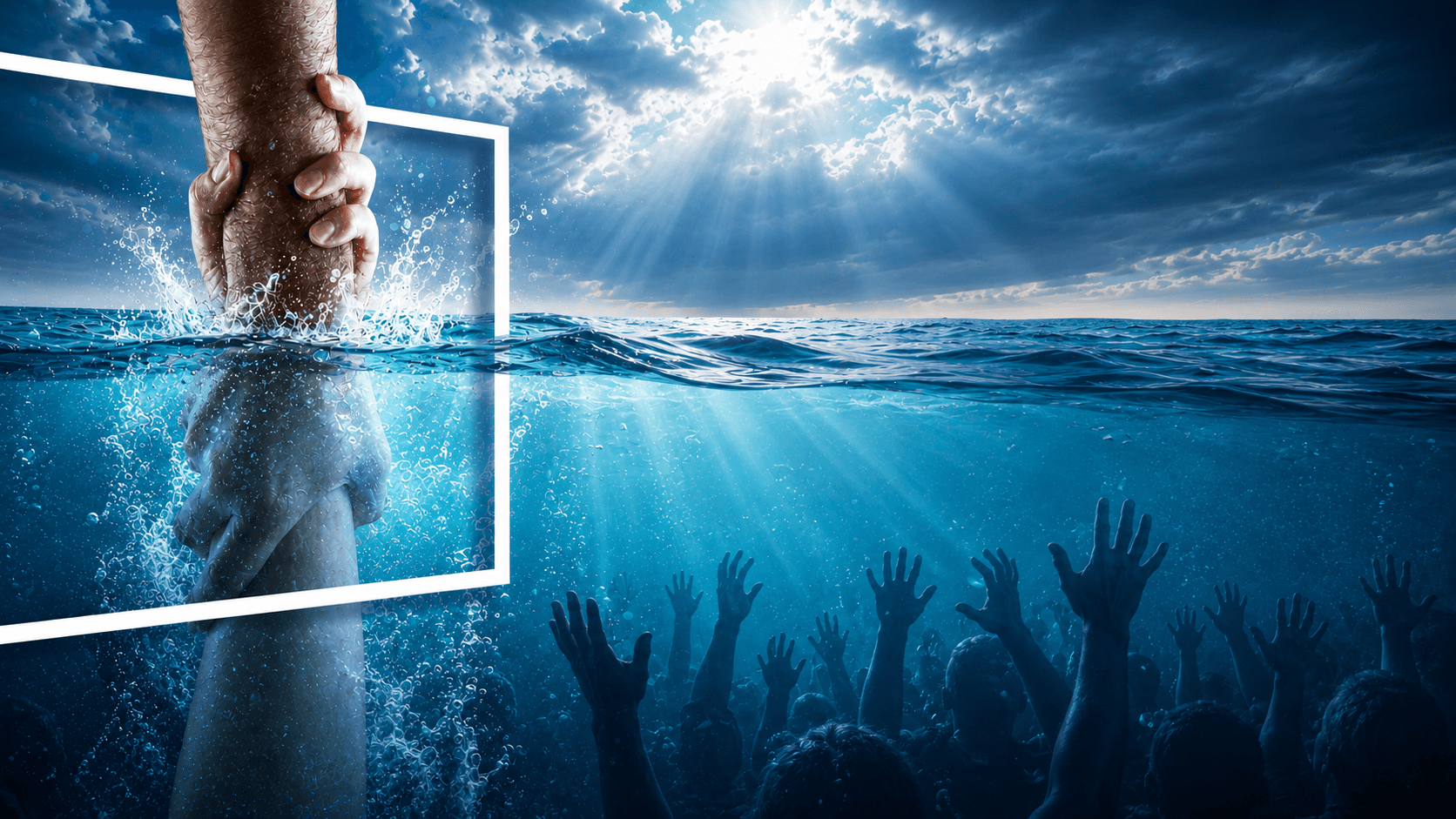 A hand reaching down to lift another out of deep water
